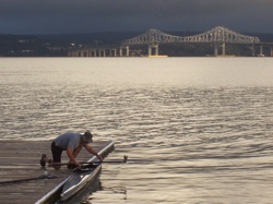 Photo: TZB and Rowing Shell at Nyack Marina. Credit: Dave Zornow