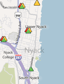 O&R Outage status, 7a 8/30/2011. Green icon indicates 1-25 customers at this location are still without power.