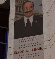 US Congressman Eliot Engel, in a poster in Pec, a city in Kosovo, above a street named in his honor. Source: NYT 5/2/2008