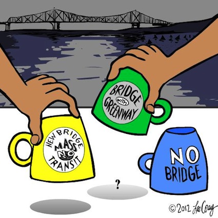 CoreyToons: Tappan Zee Bridge Shell Game. Â©2012 Lee Corey