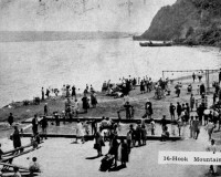 In the mid-1930s, this park at Hook Mountain was popular with local residents and with others who came upriver from New York City. In just this small area are a wading pool, see-saws, swings, and slides. In the distance is a bathing beach. Much of this was constructed by the Civilian Conservation Corps during the Great Depression. This was where the Rockland Lake ice and Hook Mountain rocks were loaded onto barges just a generation earlier. Source: Nyack Library via HRVH.org