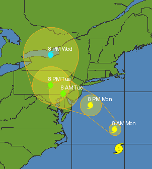 Hurricane Sandy track as of 11p Sun Oct 28. Source: Weather Underground