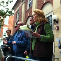 (L to R) Orangetown Supervisor Andy Stewart, Orangetown Police Chief Kevin Nulty, Fire Inspector Vincent Fiorentino, NYS Senator David Carlucci, Nyack Mayor Jen White speak to about 150 Nyack residents from the steps of Village Hall on Oct 31 about the response to Hurrican Sandy.