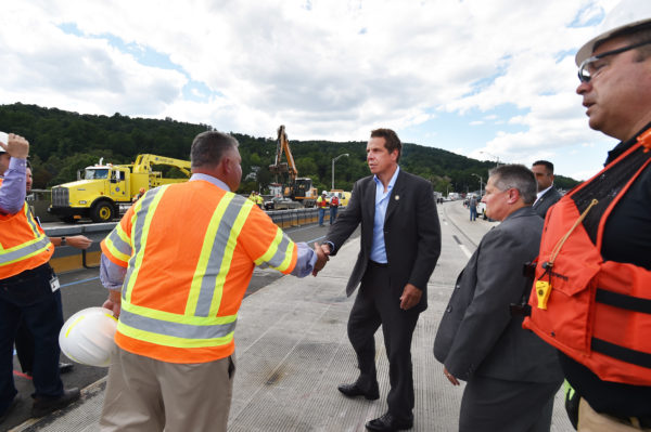 Tappan Zee Bridge crane collapse: Governor Andrew M. Cuomo briefed reporters following the collapse of a crane that landed across the north and southbound lanes of the Tappan Zee Bridge Tuesday July 19, 2016. Immediately following the press briefing, Governor Cuomo toured the damaged section of the bridge and met with drivers who had been stranded on the bridge since 12n.